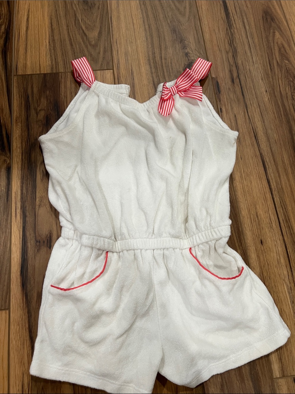 Janie and Jack White Terry Romper with Red Striped Bow Straps